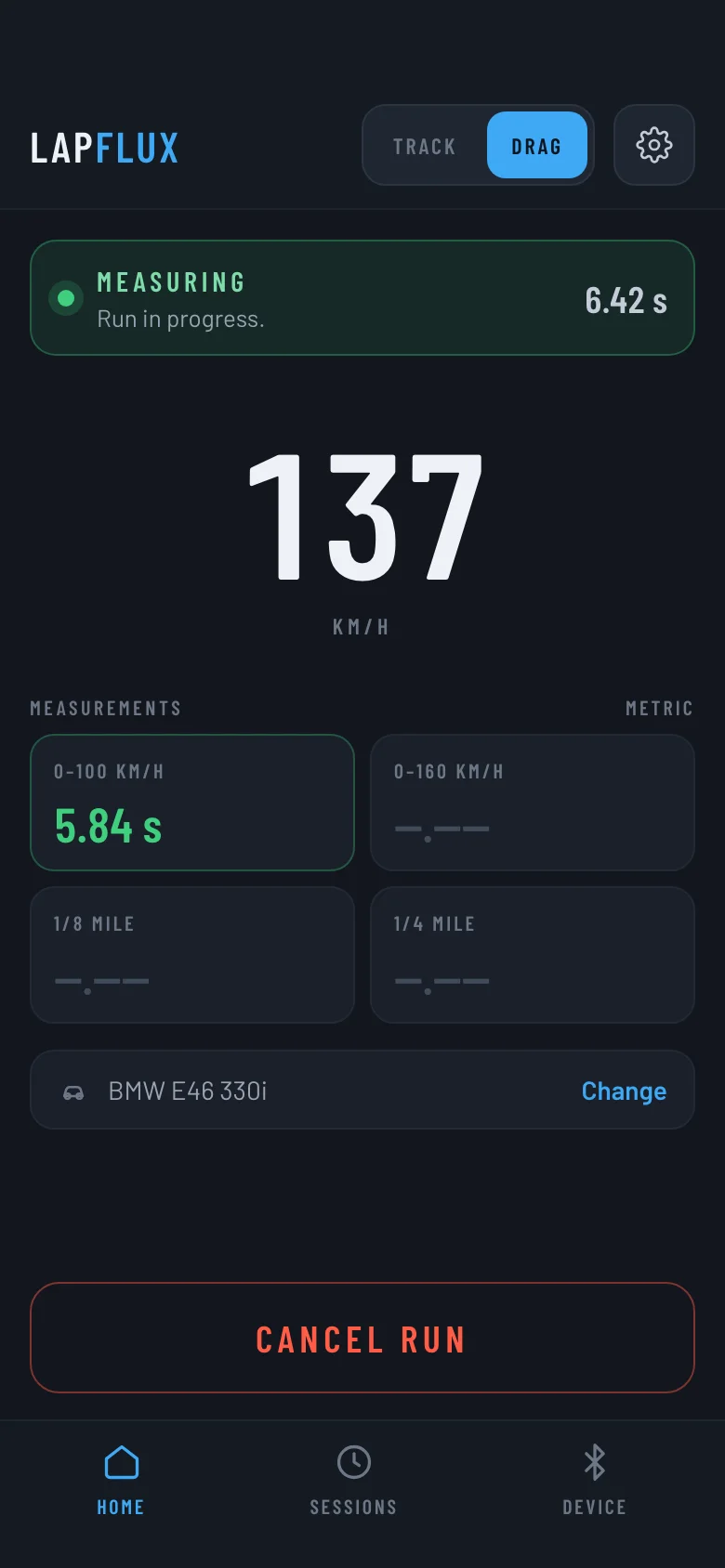 LapFlux drag mode measuring a run: live speed and targets filling in