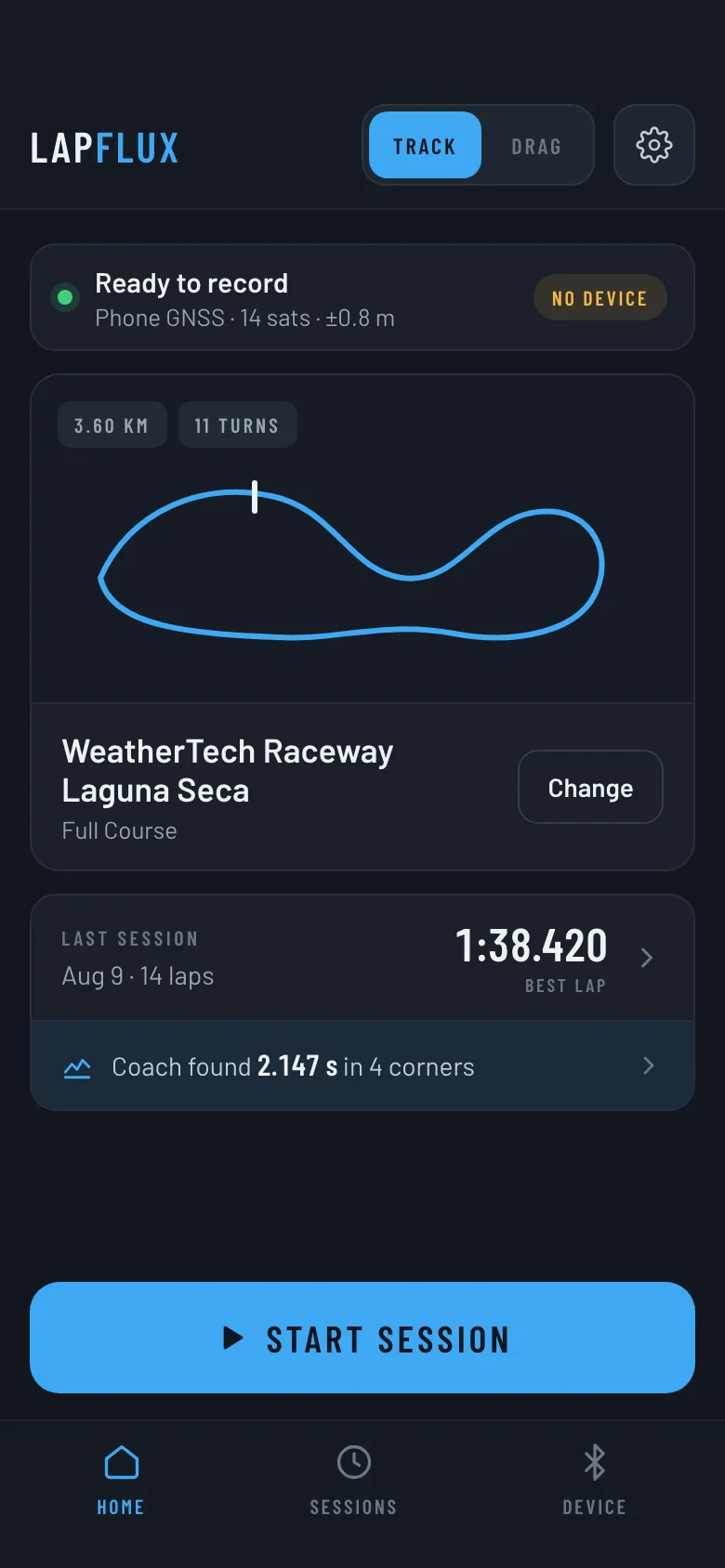 LapFlux home screen: GNSS ready, selected track and the last session's best lap